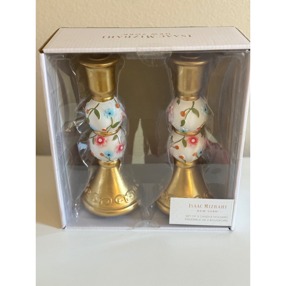 Isaac Mizrahi New York Floral Gold Candle Holders Set of 2 Taper Stands - Picture 5 of 8